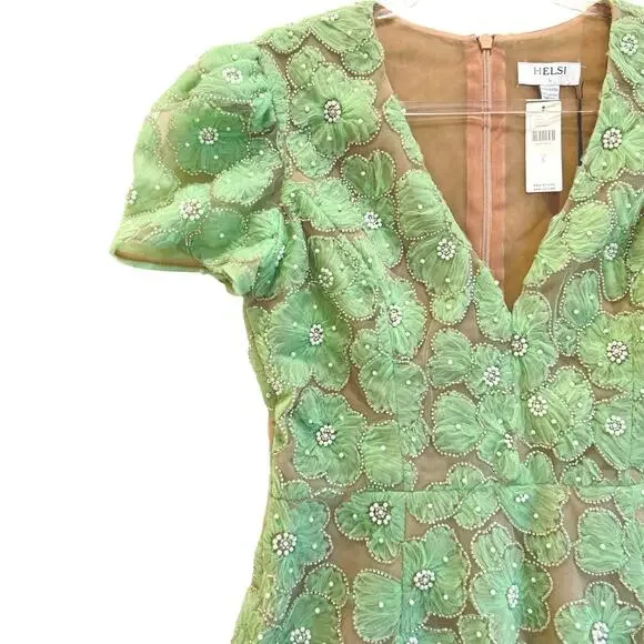 Helsi Anthropologie Mint Green L Beaded Mesh Mini Dress USA Made Cocktail  Party